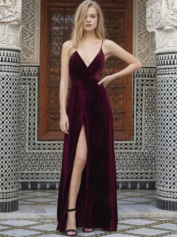 Sleeveless Dress FashionA-Line/Princess Spaghetti Straps Sleeveless Floor-Length Ruffles Velvet Dresses