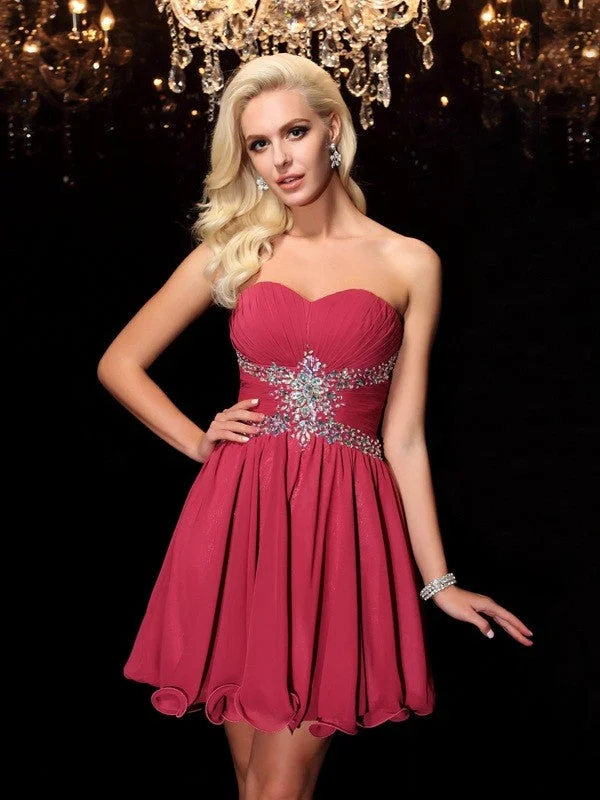 Sleeveless Dress With PrintsA-Line/Princess Sweetheart Rhinestone Sleeveless Short Chiffon Dresses