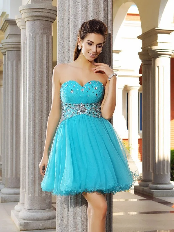 Sleeveless Dress With Balloon Sleeves (detachable)A-Line/Princess Sweetheart Ruffles Sleeveless Short Satin Cocktail Dresses