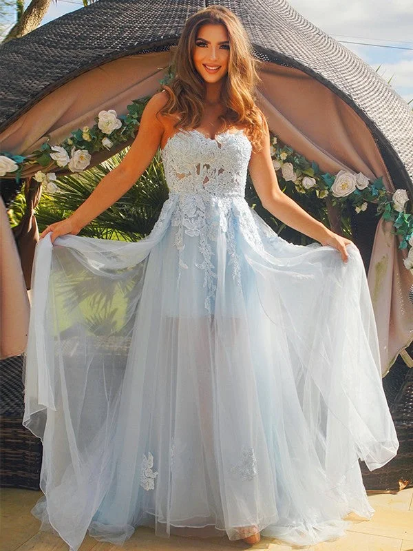 Sleeveless Dress With FlowersA-Line/Princess Tulle Applique Sweetheart Sleeveless Sweep/Brush Train Dresses