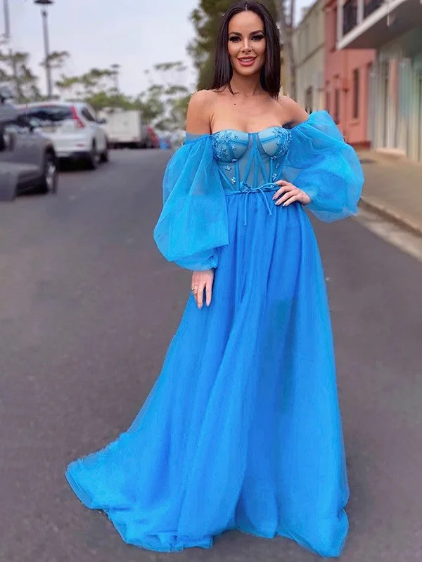 Formal Long Sleeves Evening DressA-Line/Princess Tulle Beading Off-the-Shoulder Long Sleeves Sweep/Brush Train Dresses