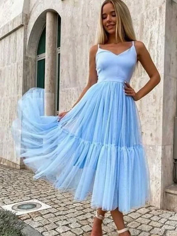 Sleeveless Dress In LeatherA-Line/Princess Tulle Ruffles V-neck Sleeveless Tea-Length Dresses