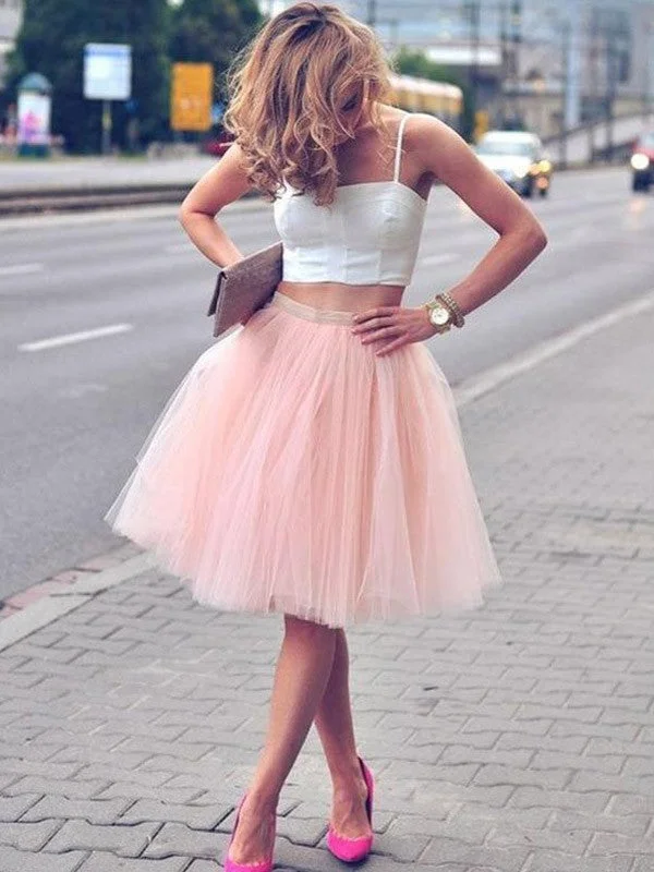 Sleeveless Dress In ChiffonA-Line/Princess Tulle Sleeveless Pleats Spaghetti Straps Knee-Length Two Piece Dresses