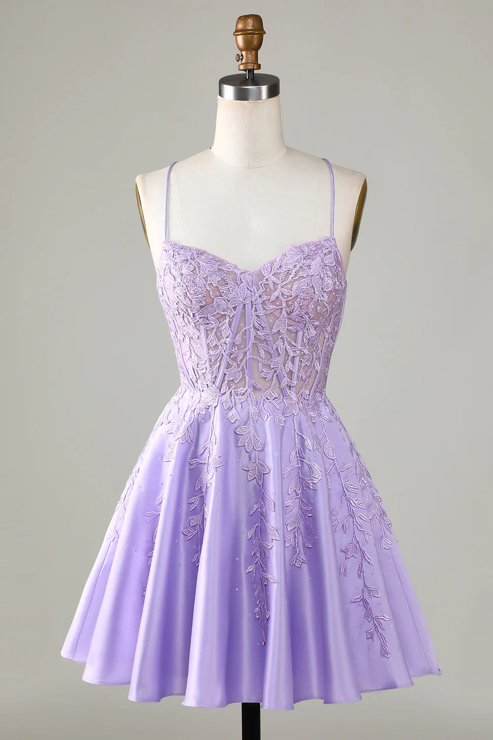 semi-formal party dressesA-Line Purple Corset Satin Homecoming Dress With Lace