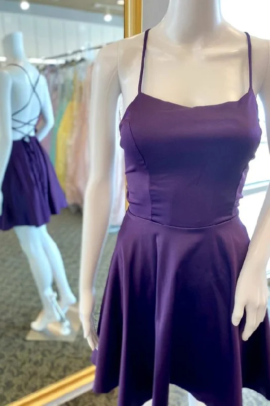 figure-flattering party dressesA-Line Purple Lace-Up Short Satin Homecoming Dresses     S2355