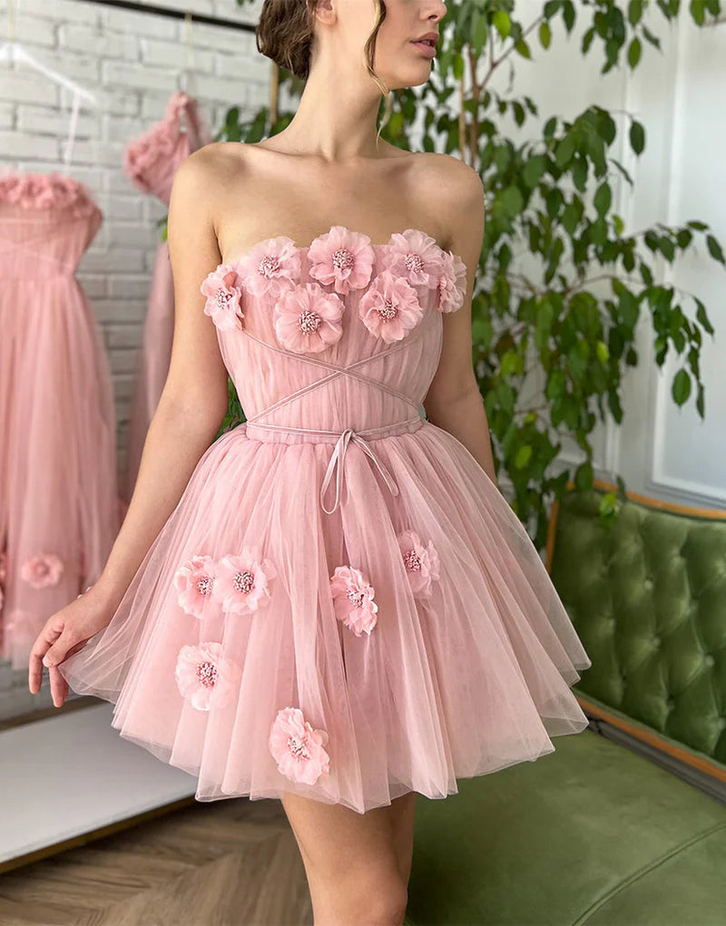 off-the-shoulder party dressesA-line Short Homecoming Dress with Handmade Flowers