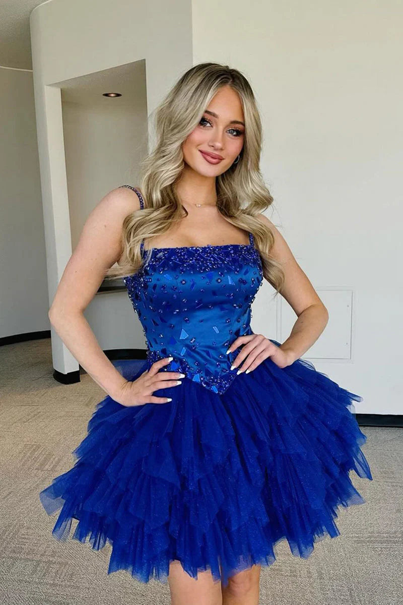 figure-flattering party dressesA Line Straps Royal Blue Ruffled Tulle Homecoming Dresses with Beading