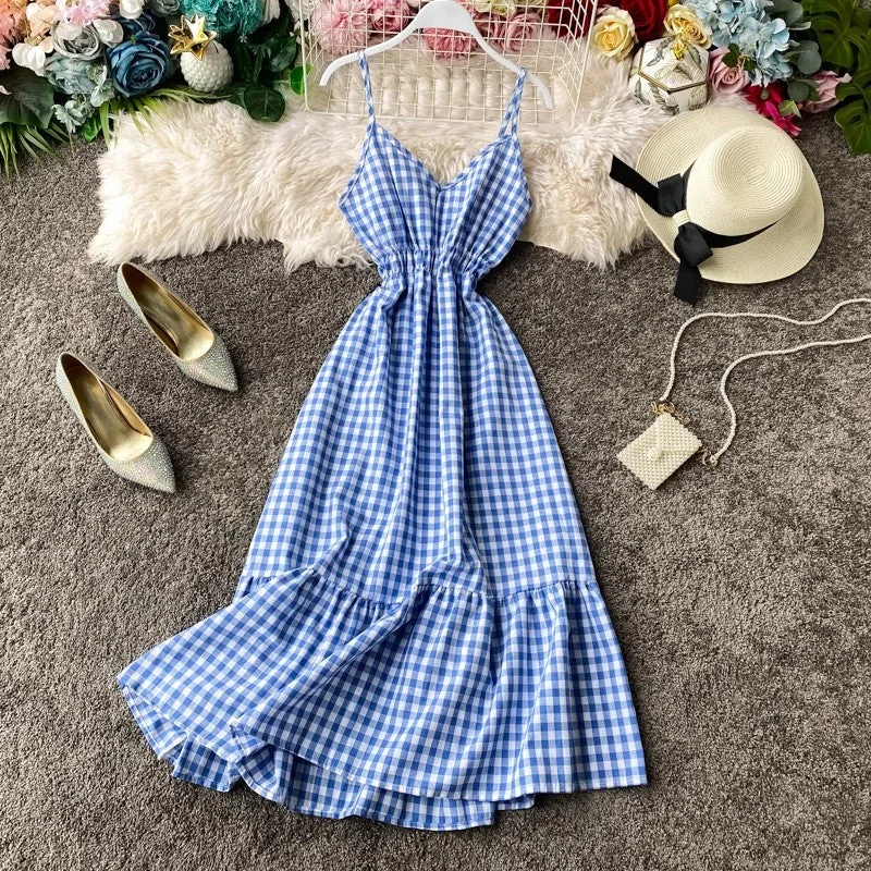 maxi dresses for officebeach dress vacation dress, ruffled sleeveless long skirt V-neck suspender plaid dress     S4244