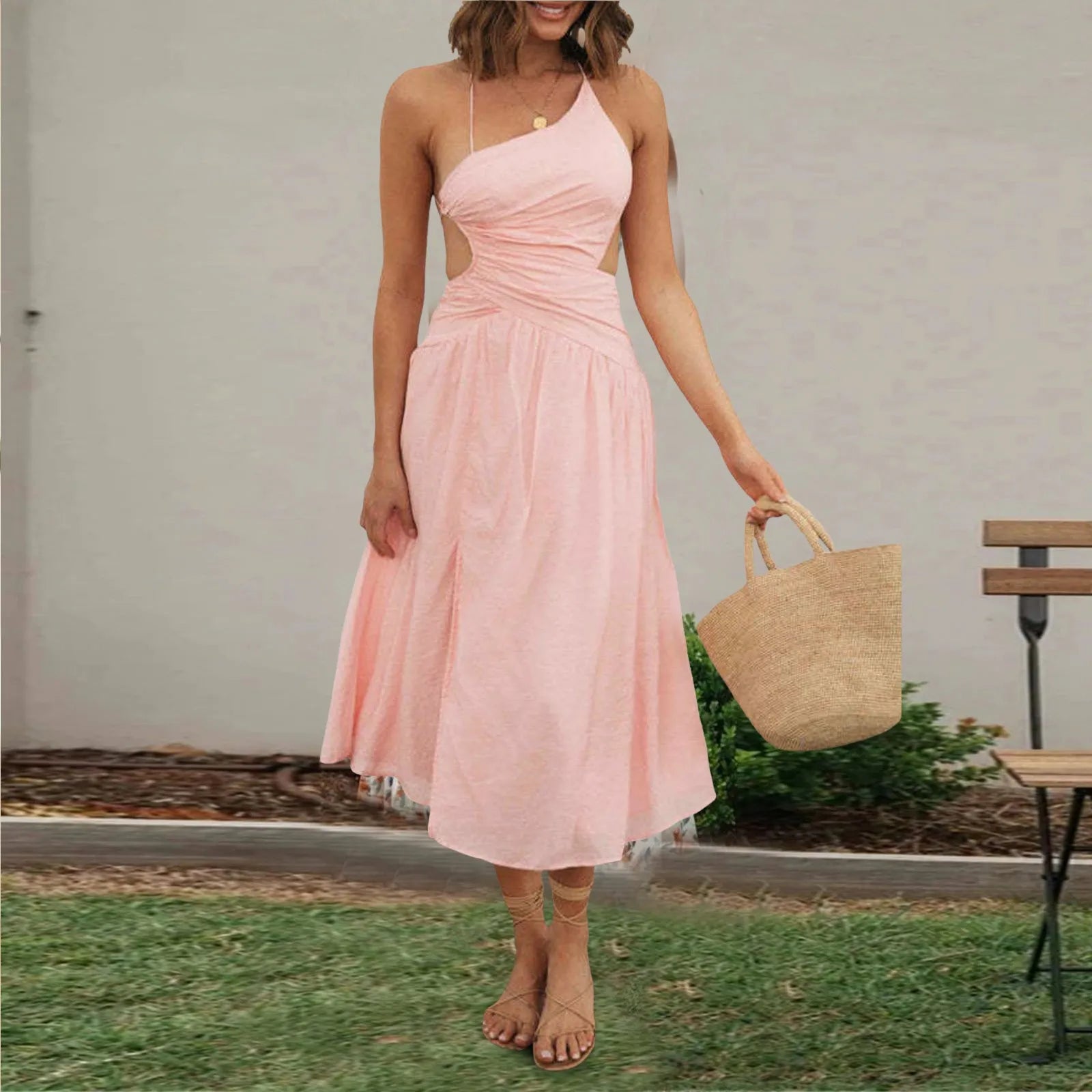 Sleeveless Dress In GeorgetteElegant Solid Color Sleeveless Spaghetti Strap V Neck Summer Dress