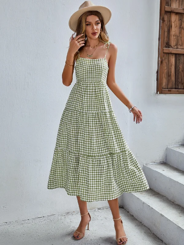 Sleeveless Dress With Zip-Up BackWomen Spaghetti Strap Dresses Sleeveless Plaid Loose Adjustable Strap Gingham Dress