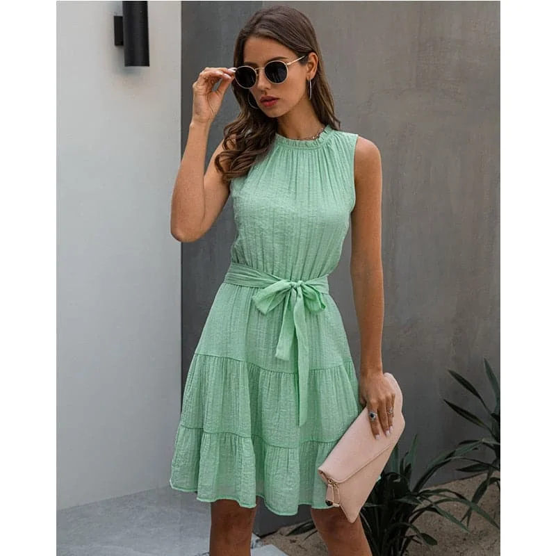 Sleeveless Dress In PolyesterSleeveless Sweet Pleated Pure Color Sashes Dress