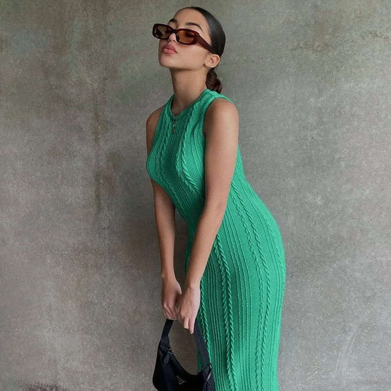 Sleeveless Dress In LinenSolid Color Knitted Sleeveless Round Neck Dress