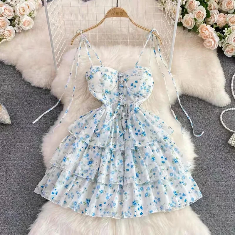 Sleeveless Dress In KnitBlue Spaghetti Strap Dress, Sleeveless Backless A-line Floral Dress, Chiffon Cake Dress  S4442