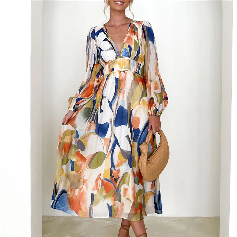 Flowery Silk Long Sleeves DressSpring Print V-Neck Long Sleeve A-line Fashion Holiday Boho Dress