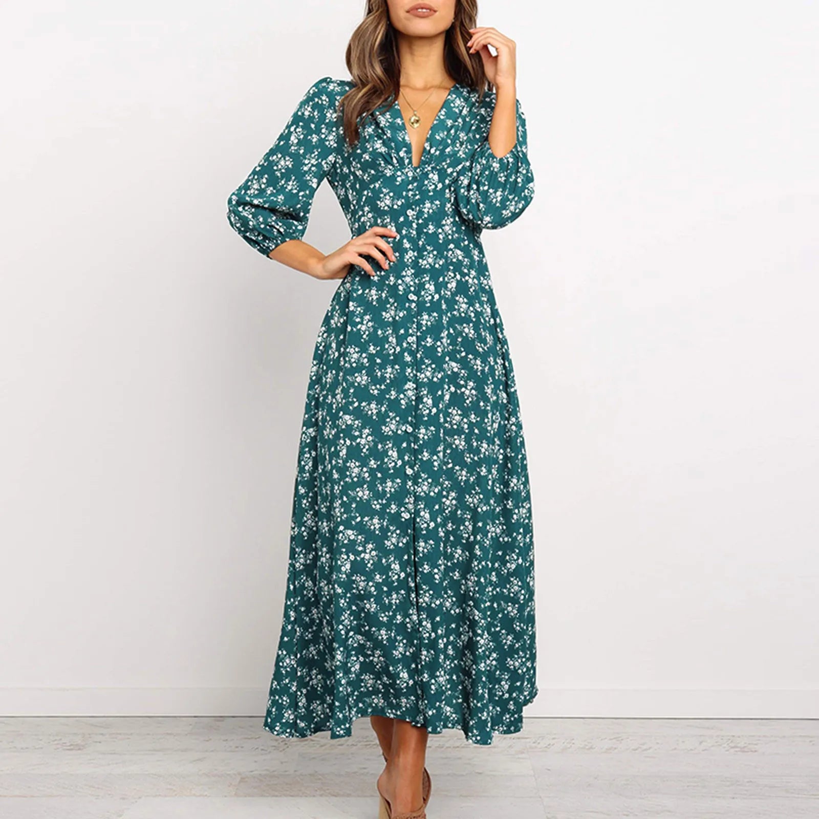 Fancy Crepe Long Sleeves DressOffer Liquidation V-Neck Long Sleeved High Waisted Chiffon Print Holiday Women's Boho Dress