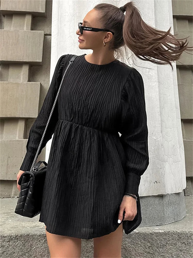 Flexible Stretch Long Sleeves DressFashionSierra - Black Patchwork Long Sleeve Women Solid High Waist Pleated Casual Dress