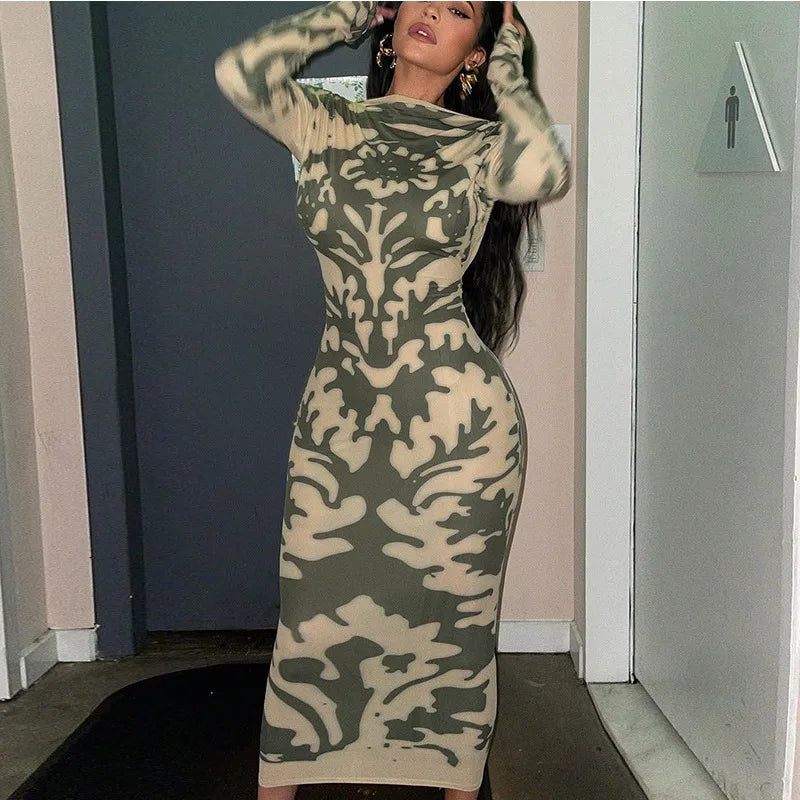 Funky Long Sleeves Jumpsuit DressLong Sleeve Backless Camouflage Print Club Floral Dress