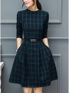 Flirty Long Sleeves DressFashionSierra - dress autumn outfit women plaid print long sleeve o neck belted outfit