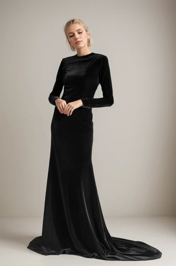 Flowing Long Sleeves DressElegant Long sleeves Boat Neck crisscross Back Velvet Dress with Train