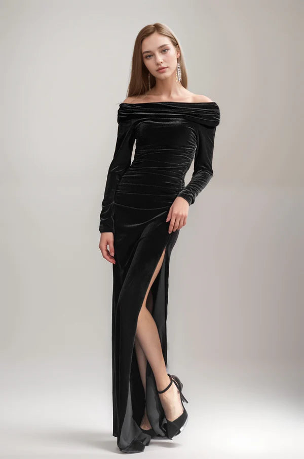 Formal Elegant Long Sleeves DressElegant Off the Shoulder long sleeves Side Slit Sheath Velvet dress