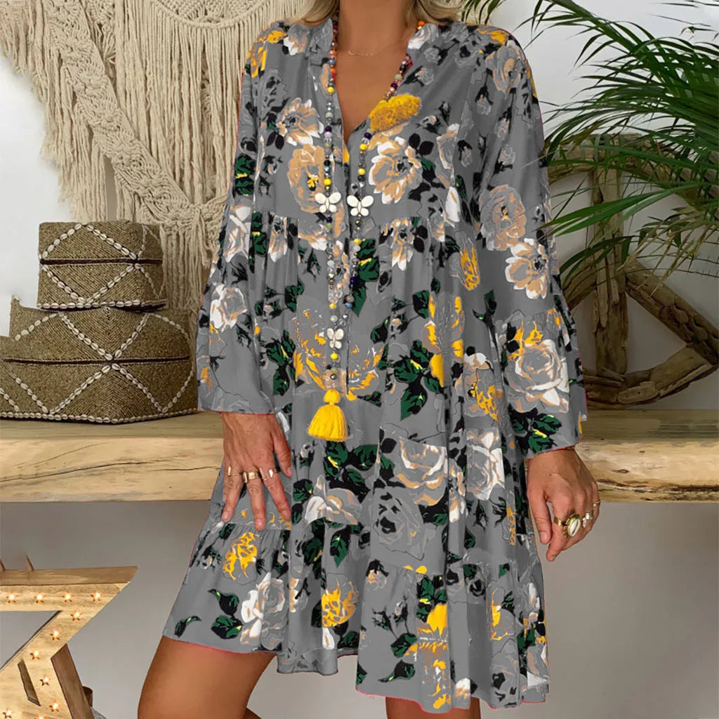 Full Coverage Long Sleeves DressFashionSierra - 2024 Elegant Sexy Long Sleeve Floral V-Neck Boho Dress