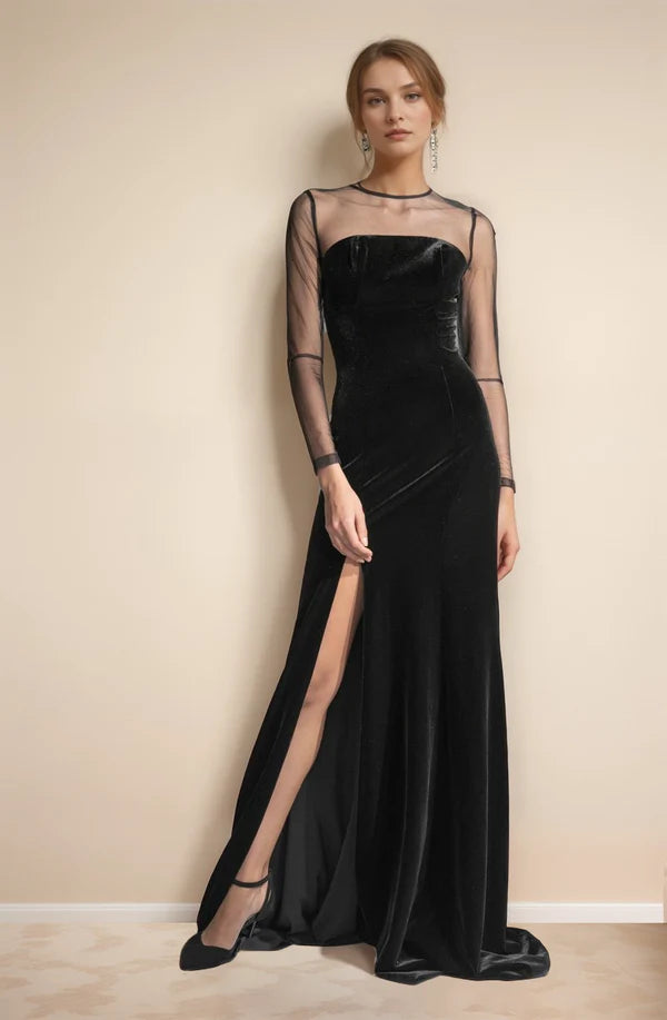 Funky Patterned Long Sleeves DressElegant Velvet tulle mesh long sleeves vintage Black Velvet Dress slit