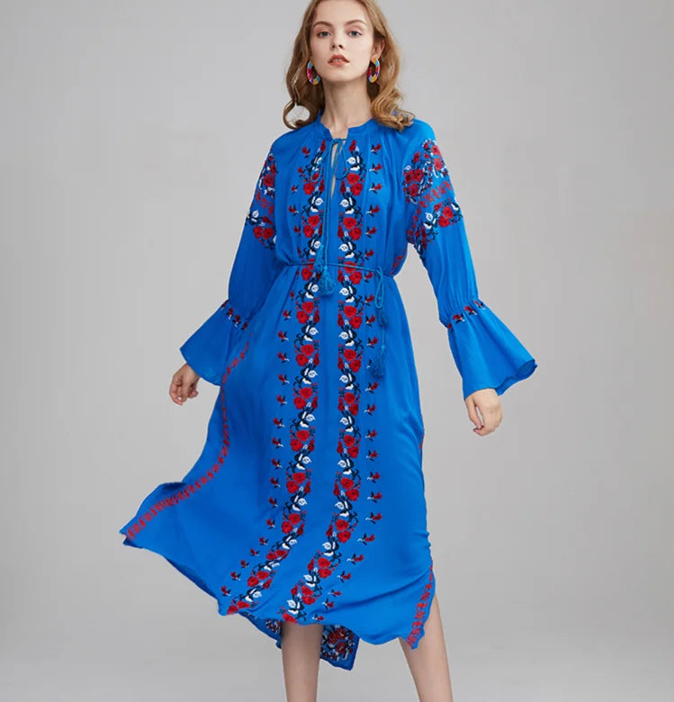 Flirty Long Sleeves Shift DressFashionSierra-Blue Cotton  Floral Embroidery  Long  Vintage  Long Sleeve  Tassel  Elastic Waist  Autumn  Ethnic Robe Boho Dress