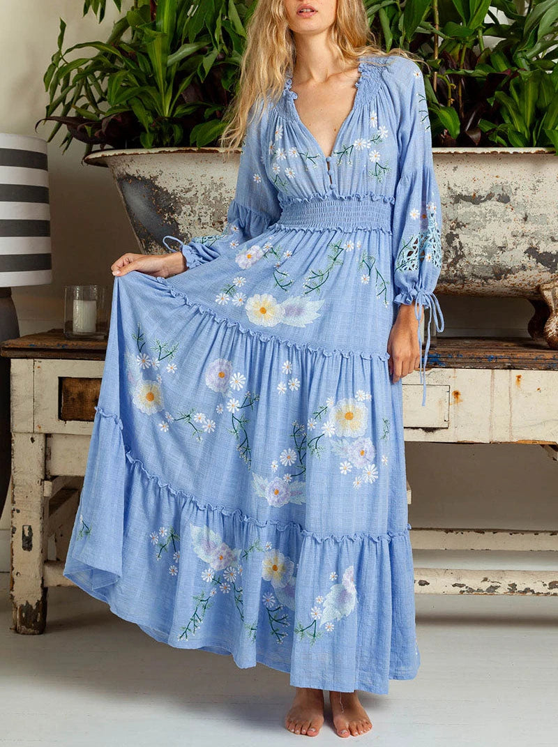 Flowery Long Sleeves DressFashionSierra-Blue  Floral Embroidery  Casual  Deep V  Long Sleeve  Vintage  Loose  Ruffles Boho Dress