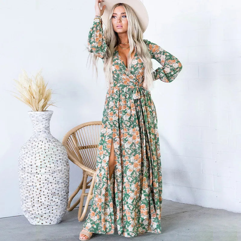 Full-Body Long Sleeves Jumpsuit DressFashionSierra-Casual  Deep V  Long Sleeve  Women  Vintage  Floral Print  Ruffles  Long  Autumn  2024  High Waist  Loose  Vestidos  Boho Dress