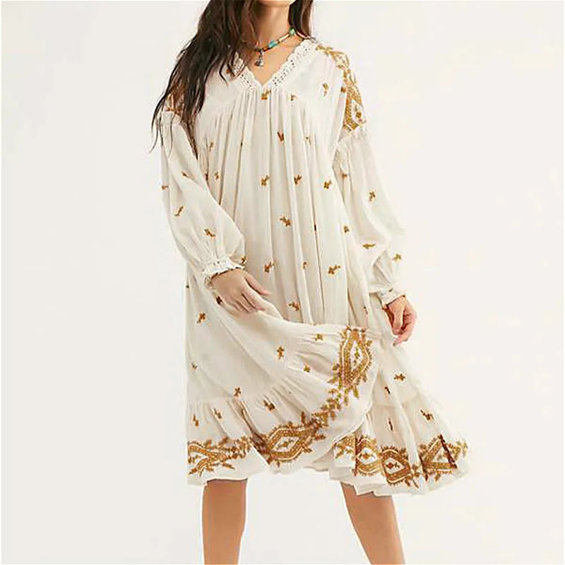 Full-Length Long Sleeves Formal GownFashionSierra-Lantern Long Sleeve  Loose  Vintage  Cotton Rayon  Embroidery  V Neck  Autumn  A-Line  Robe Boho Dress