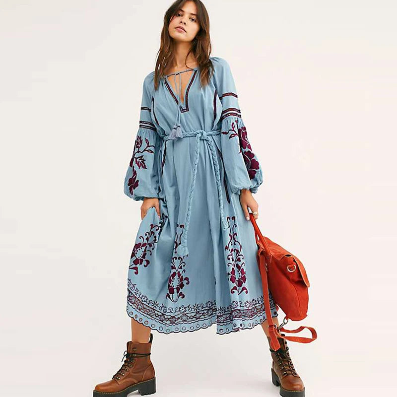 Fabulous Long Sleeves Party DressFashionSierra-Lantern Long Sleeve  Tunic  Vintage  Ethnic  Floral Print  Embroidery  Blue Cotton  Autumn  Robe Boho Dress