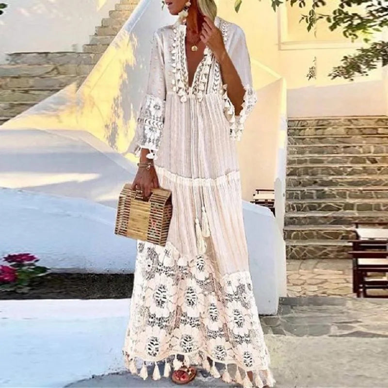 Flexible Long Sleeves Chiffon DressFashionSierra-Long Sleeve  Tassel  Women  Vintage  Floral Embroidery  Beach Wear  Summer  2024  Casual  Lace  Vestidos  Boho Dress