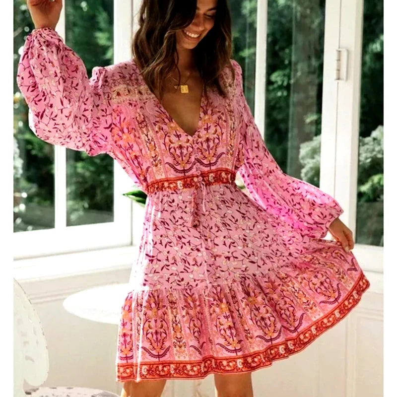 Fitted Floral Long Sleeves DressFashionSierra-Long Sleeve  Vintage  Pink Floral Print  Cotton  Autumn  V-neck  Sexy  Ruffles  Boho Dress