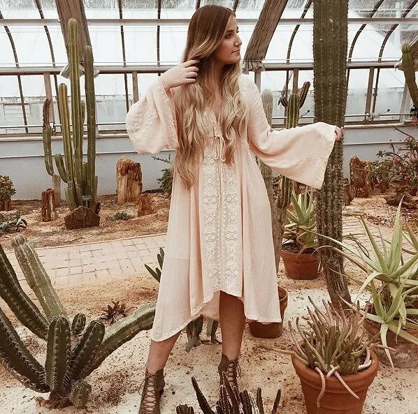 Flowery Lace Long Sleeves DressFashionSierra-Long Sleeve  Women  Tunic  Vintage  Floral Embroidered  Cotton  Long  Casual  Hippie  Asymmetric Robe Boho Dress