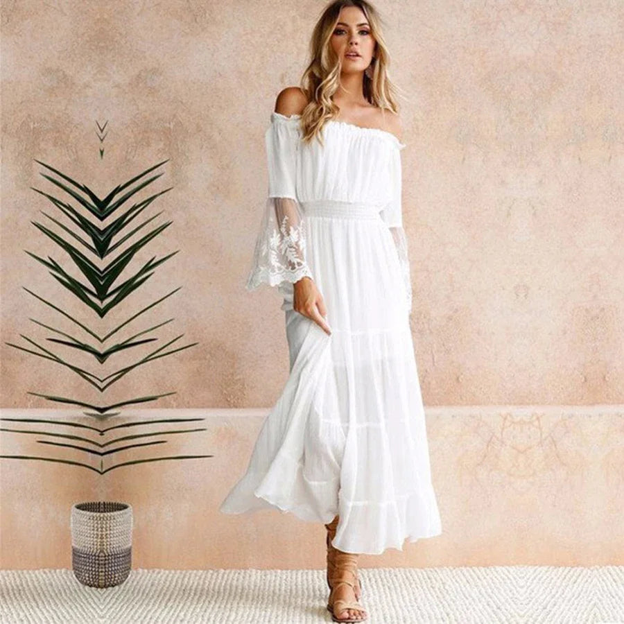 Flowing Maxi Long Sleeves DressFashionSierra-White  Sexy  Off the Shoulder  Beach  Sun  Flare  Long Sleeve  Splice Lace  Women  Summer Boho Dress