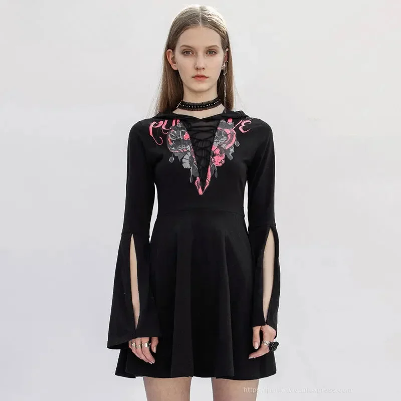 Flirty Fit Long Sleeves DressGothic V-collor Print Mesh Stitching Long Sleeve Dress