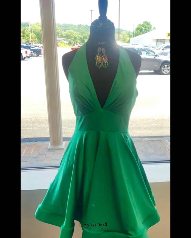 neon party dressesHalter Neckline Green Homecoming Dress