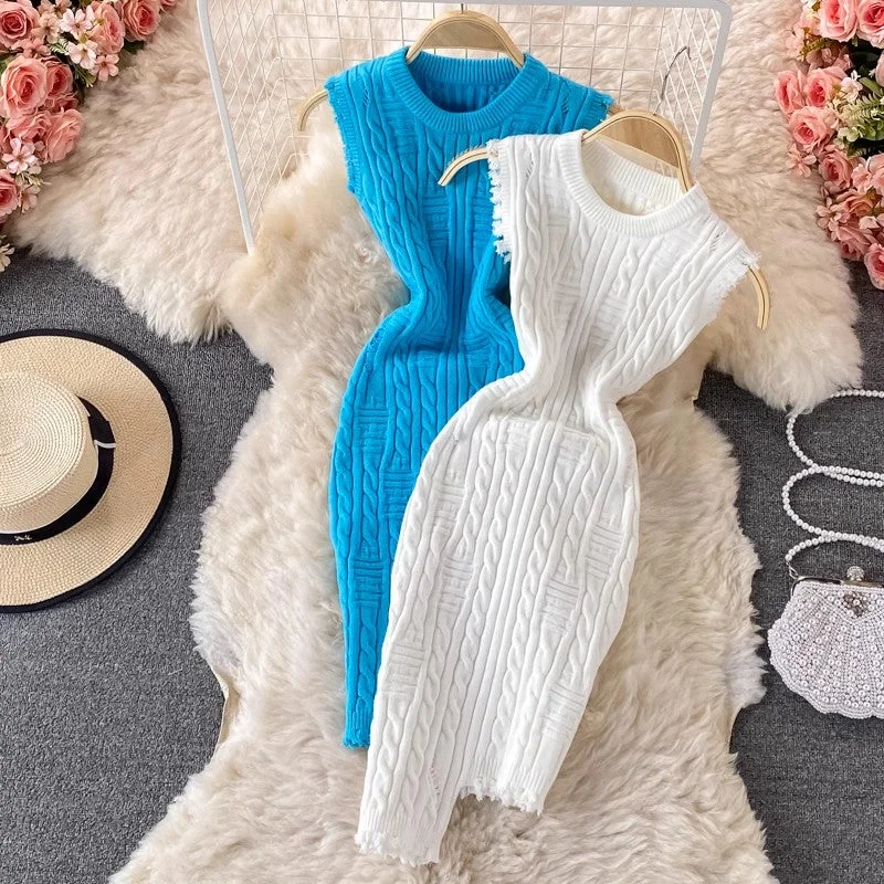 Sleeveless Dress In LinenIrregular Sleeveless Vest Knitted Dress Round Neck  Sweater Skirt Women      S4302