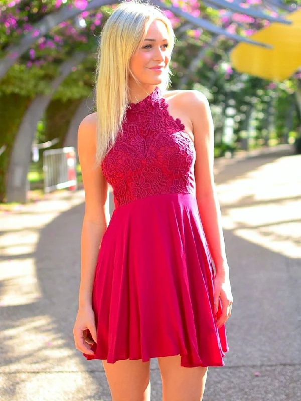 statement-making party dressesKnee Length Halter Neckline Fuchsia Homecoming Dress