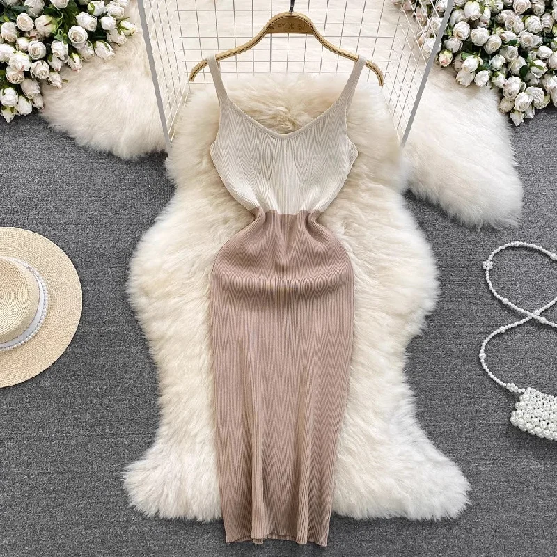 Sleeveless Dress Minimalistknitted suspender skirt for women new V-neck sleeveless dress     S4164