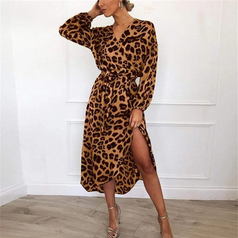 Fashionable Long Sleeves Off-the-Shoulder DressFashionSierra - Leopard Dress Women Loose Long Sleeve Deep V-neck A-line Dress