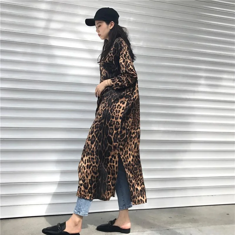 Flowing Long Sleeves Ruffle DressFashionSierra - Leopard print shirt dress women long sleeve causal loose split dress Fashion summer streetwear Button up korean dresses vestidso