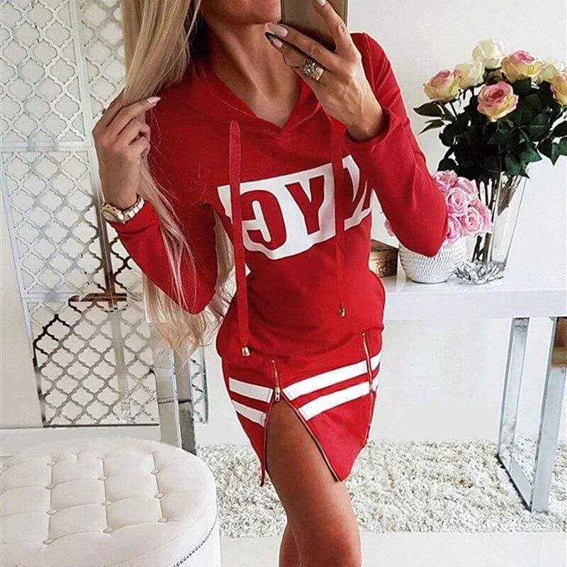 Formal Long Sleeves Lace-Up DressFashionSierra - Letter Print Hooded Long Sleeve Sweatshirt Dress Women Autumn Spring Loose Hoodie Casual Red Gray Black Clothes Shirt Dresses