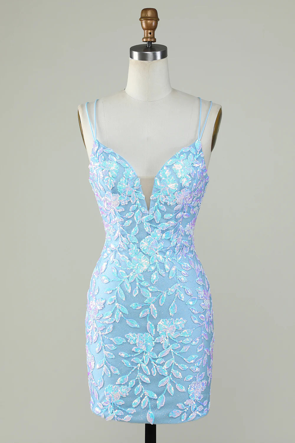 winter party dresses (with tights)Light Blue V-Neck Sparkly Backless With Lace Up Back Homecoming Dress