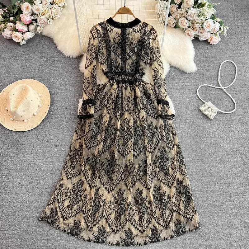 maxi dresses for formal eventslong-sleeved A-line lace dress elegant long skirt     S4243