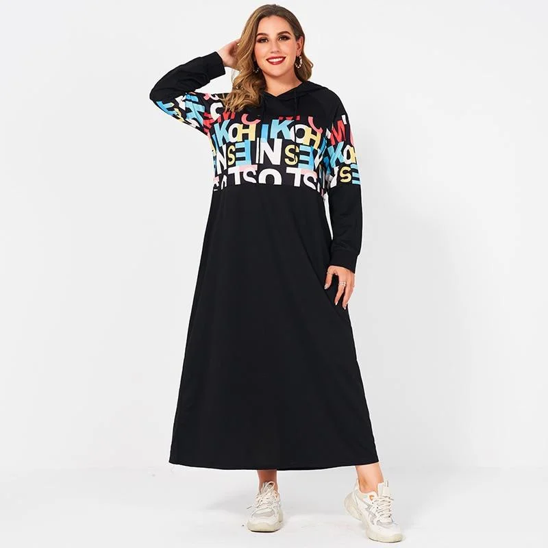 Fancy Long Sleeves DressFashionSierra - College Casual Style Hooded Long Color Letter Printing Stitching Loose Long Sleeve Black Thin Sweater Woman Dress