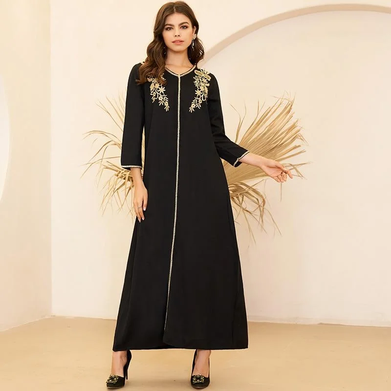 Flexible Long Sleeves Bridesmaid DressFashionSierra - Women's Fashion Arabian Style V-neck Gold Embroidery Pair Flower Long Loose Black Long Sleeve Dresses Plus Size