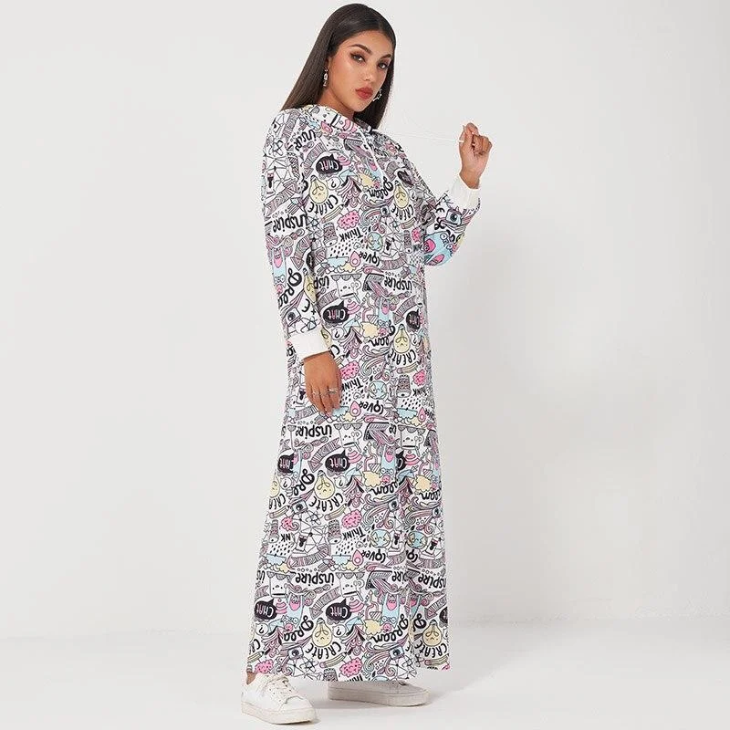 Fancy Long Sleeves Wedding Guest DressFashionSierra - New Summer Women Long Hooded Dress White Casual Letter Cartoon Printed Drawstring Loose Fashion Long Sleeve Dresses