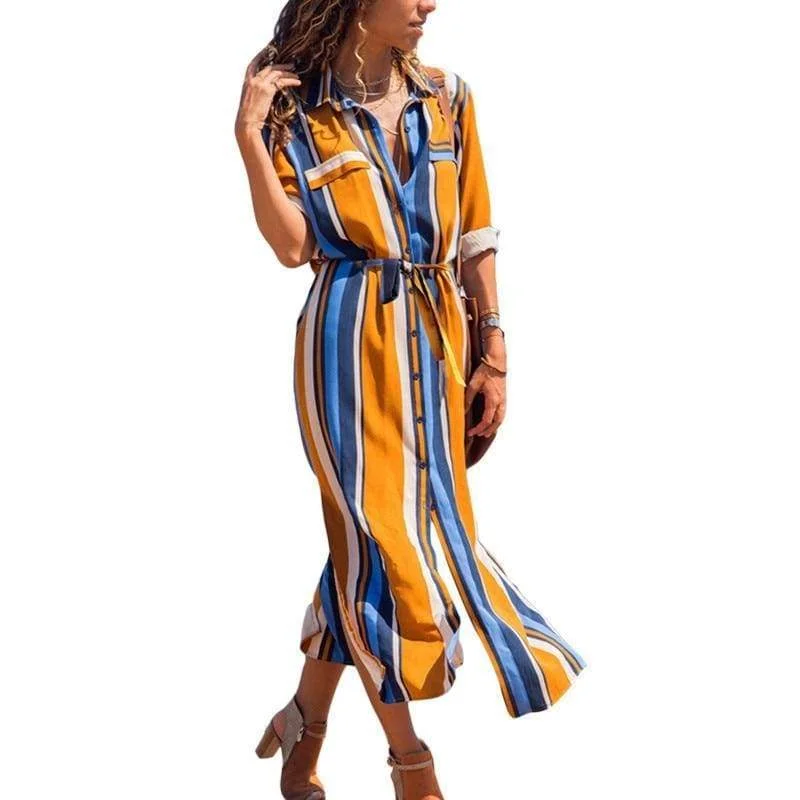 Full-Figured Long Sleeves DressFashionSierra - Office Ladies Stripe Shirt Dress Chiffon Casual Long Sleeve Dress