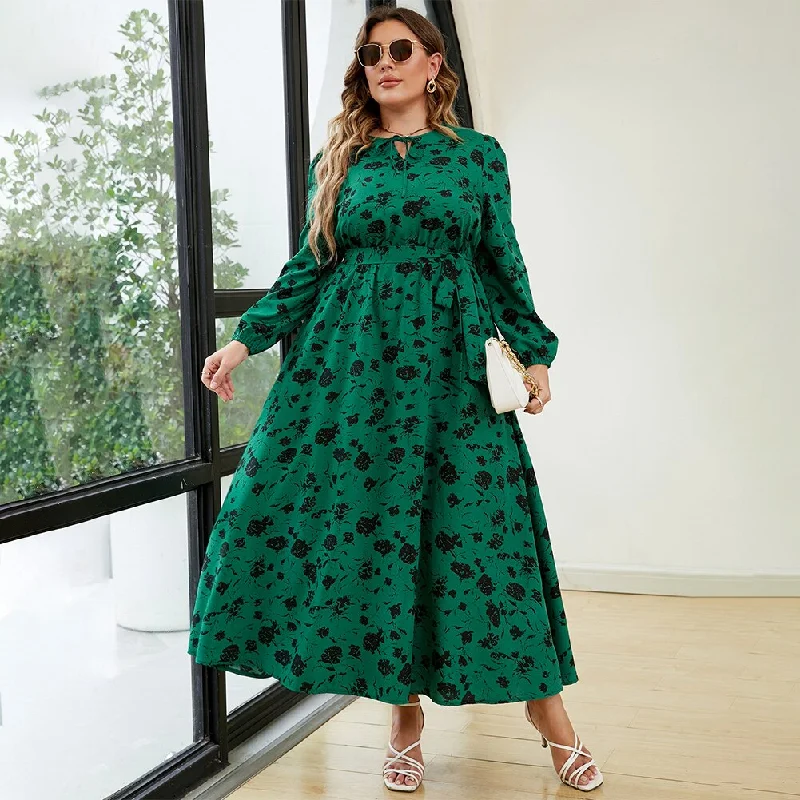 Flowing Maxi Long Sleeves DressBerriesJam - 2024 Plus Size Floral Tie Neck Belted Long Sleeve A-Line Dress